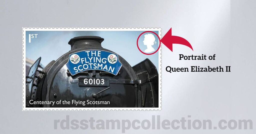 A stamp from Royal Mail (Postal Department of the United Kingdom) with portrait of Queen Elizabeth II