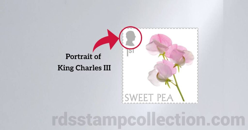 A stamp from Royal Mail (Postal Department of the United Kingdom) with portrait of King Charles III