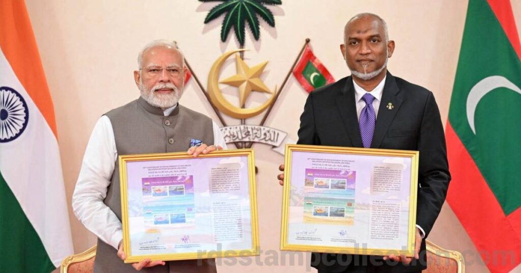 Prime Minister Shri Narendra Modi and President Dr. Mohamed Muizzu jointly releasing the commemorative stamps celebrating 60 years of India-Maldives diplomatic relations in Malé on July 25, 2025.
