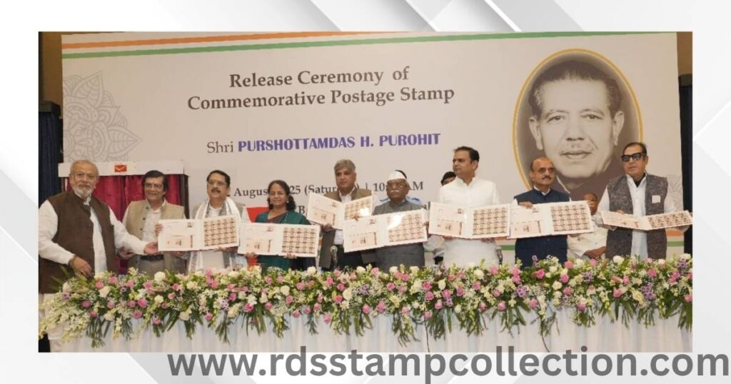 Guests and dignitaries unveil the commemorative stamp honoring Purshottamdas H. Purohit at the official release ceremony in Mumbai.