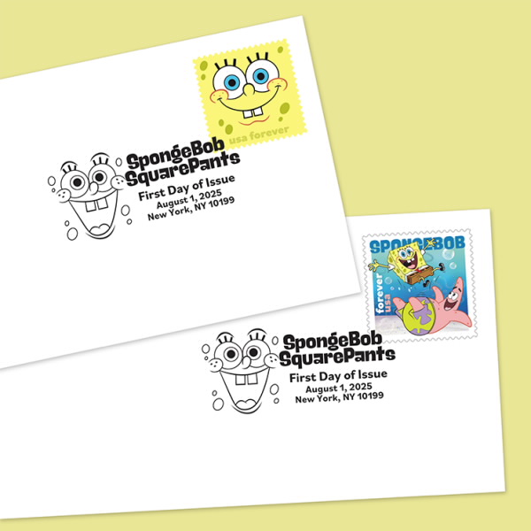 First Day Covers (FDCs) released with SpongeBob SquarePants stamps, issued on August 1, 2025, in New York.