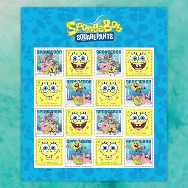 Pane of 16 SpongeBob SquarePants Forever® stamps featuring four colorful designs.