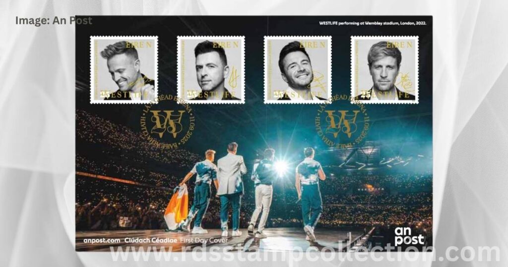 The First Day Cover featuring the 25 Years of Westlife stamps, a must-have for collectors. Image Source: An Post