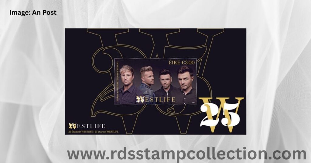 Souvenir Sheet with the special €3.00 Westlife stamp, finished with gold foil detailing.