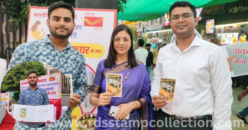 Er. Chirag Trivedi with Ms. Preeti Agarwal, Postmaster General Indore Region, and Mr. Shivansu Kumar, Senior Superintendent of Post Offices Indore Division, during the release of Chappan Dukan Indore postcard and cancellation.