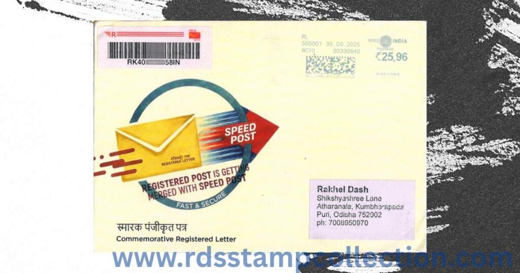 A commemorative cover posted from Bengaluru GPO through Registered Post. The cover, designed and sold by the Postcrossing Welfare Society of India, was sent with meter franking on 30th September 2025.