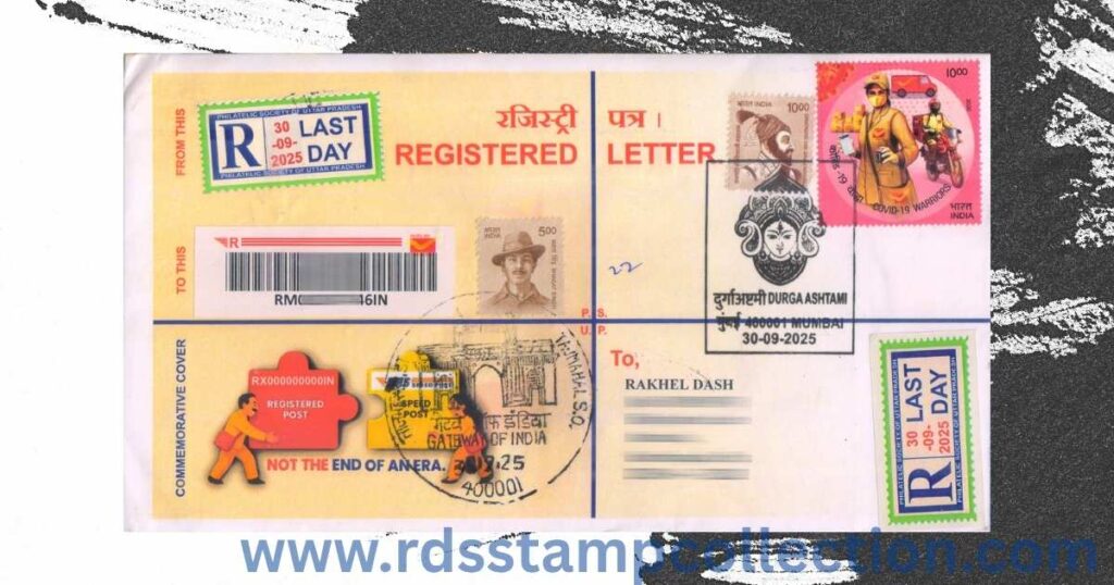A commemorative cover with a Special Cancellation of Maha Ashtami, released at Mumbai GPO on 30th September 2025. The cover was designed by Dr. Aditya Singh to document the last day of the Registered Post service, as part of a group activity by the Philatelic Society of Uttar Pradesh. It also bears the Permanent Pictorial Cancellation of Taj Mahal S.O., featuring the Gateway of India, and was posted through Registered Post from Mumbai GPO on the same day.