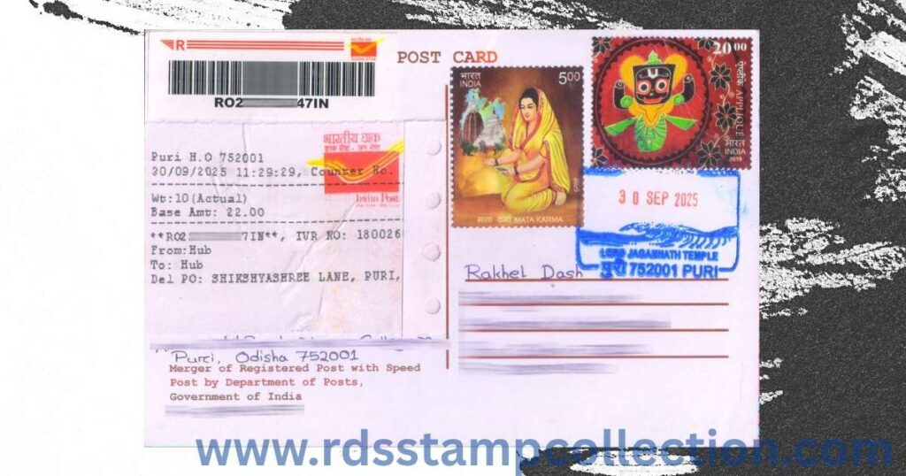 A picture postcard sent via Registered Post from Puri H.O., bearing the Permanent Pictorial Cancellation and thematic postage stamps on Lord Shree Jagannath Temple, Puri. (Back)