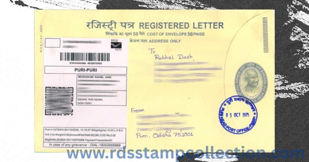 A registered letter posted on 1st October 2025 through the Online Self-Booking Portal from Puri H.O.. The total postage paid was ₹28, including prepaid Speed Post charges with registration as an add-on service under the new unified system.