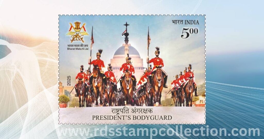 The ₹5 President’s Bodyguard commemorative stamp-mounted lancers in scarlet tunics riding past Rashtrapati Bhavan. Issue date: 30 Sept 2025; designer credited in the brochure: Ms. Gulistan.