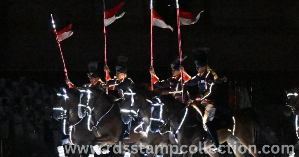 Sestercentennial night display: PBG lancers perform on horseback with LED-outlined tack and red-over-white pennons-pageantry that defines India’s household cavalry.