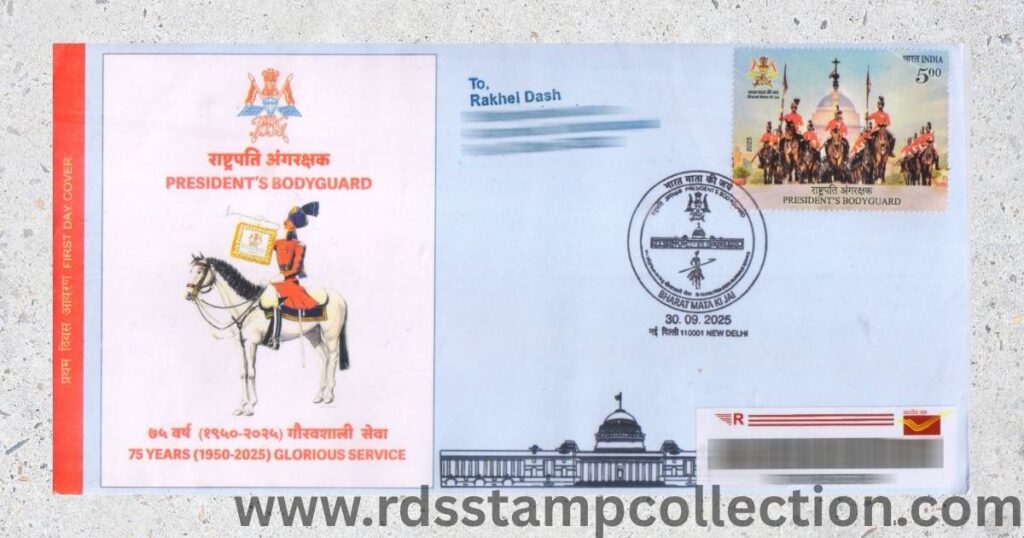 First Day Cover same-day registered bearing the ₹5 President’s Bodyguard stamp and “Bharat Mata Ki Jai” first day cancellation, New Delhi GPO, 30-09-2025.