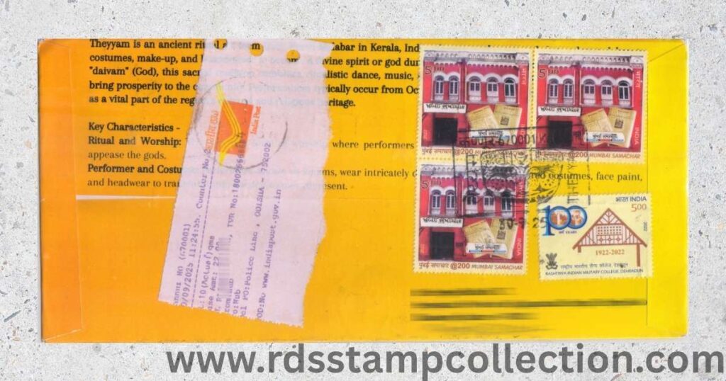 Reverse side of the “Theyyam: Ritual Arts of Malabar” cover featuring Mumbai Samachar and RIMC Dehradun stamps, carrying the Kannur H.O. pictorial cancellation dated 30.09.2025.
