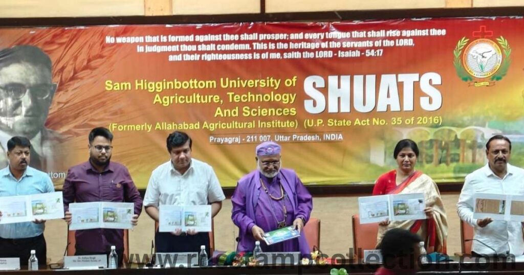 The official release of the special cover on The Allahabad Farmer by dignitaries including Dr. Aditya Singh, Mr. M. Gulrez, and university officials. The cover, featuring a Grass Green Cancellation, was ceremonially carried by a bullock cart, marking a historic first in Uttar Pradesh philately.