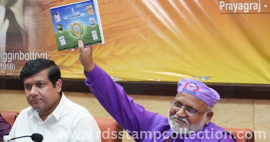 Vice-Chancellor Most Rev. Prof. (Dr.) Rajendra B. Lal proudly displays the release album of the special cover commemorating 100 Years of The Allahabad Farmer. The ceremony also celebrated the University’s Founders Day and the birth anniversary of Sam Higginbottom.