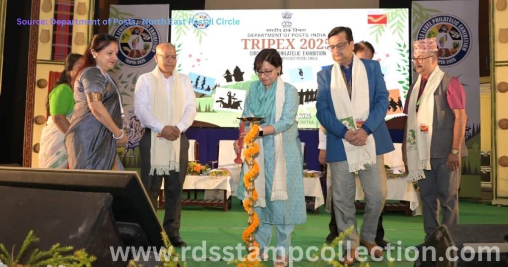 Maharaj Kumari Pragya Debbarman, Convener of INTACH Tripura Chapter, inaugurating TRIPEX-2025 at Nazrul Kalakshetra, Agartala, in presence of postal officials and dignitaries.