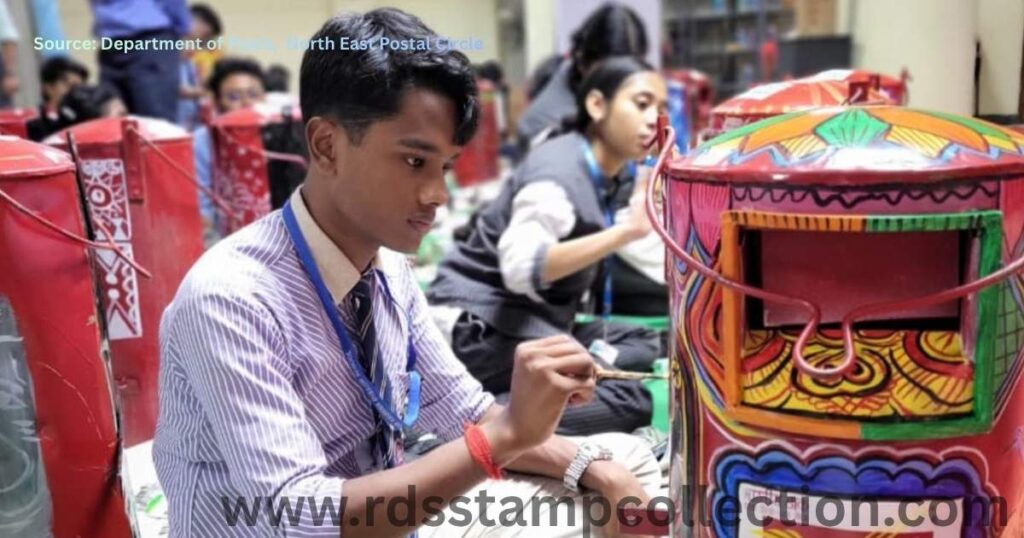 Students participating in the Letter Box Painting Competition during TRIPEX-2025 at Nazrul Kalakshetra, Agartala. The vibrant artworks reflected the creativity and enthusiasm of young philatelists from across the North East.