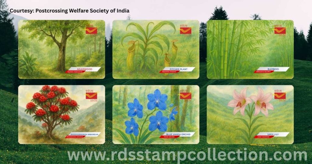 Postcard set of theme “Emerald Folds of India’s North East” released during TRIPEX-2025 by the North East Postal Circle, showcasing six floral postcards — Rhododendron arboreum, Siroi Lily, Pitcher Plant, Blue Vanda Orchid, Agarwood, and Bamboo. Issued in collaboration with PSOI, the set celebrates the region’s lush greenery and botanical heritage.