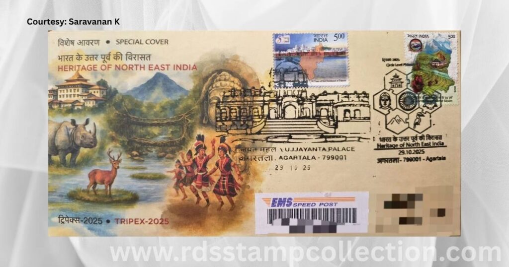 Special Cover of “Heritage of North East India” theme released on 29 October 2025 at Ujjayanta Palace, Agartala during TRIPEX-2025. The cover, sponsored by Prayagraj Philatelic Society, Uttar Pradesh, highlights the region’s rich culture, wildlife, and architectural heritage.