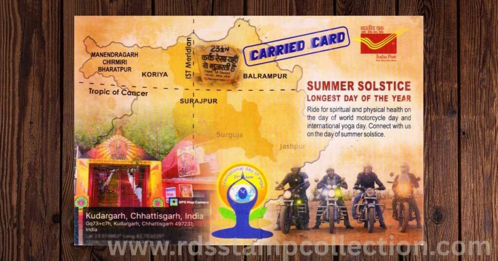 Summer Solstice carried postcard from Odgi B.O. (497231) to Raipur G.P.O. dated 21 June 2025. Features a thematic cancellation showing the Tropic of Cancer, yoga emblem, and motorcycle silhouette — marking the longest day of the year and International Yoga Day.