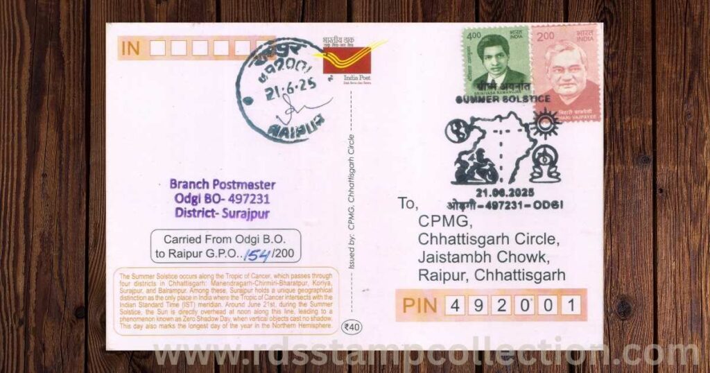 Special carried postcard issued for the Summer Solstice and World Motorcycle Day, 21 June 2025. The design depicts the Tropic of Cancer passing through Chhattisgarh with a map, Kudargarh Temple, and motorcycle riders symbolizing unity of yoga and travel.