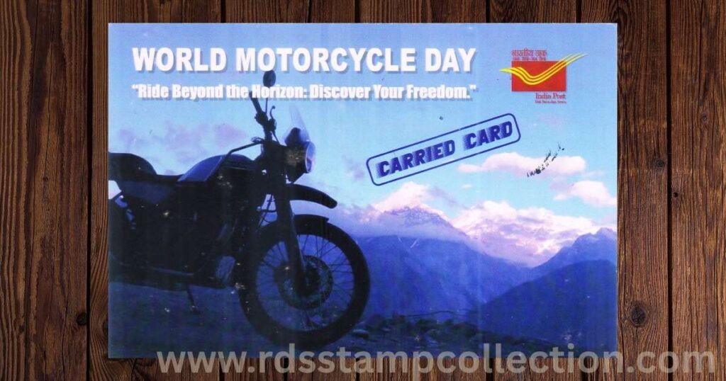 Front view of the India Post “World Motorcycle Day” carried postcard featuring the theme — “Ride Beyond the Horizon: Discover Your Freedom.” A scenic mountain backdrop highlights the spirit of adventure and open-road travel.