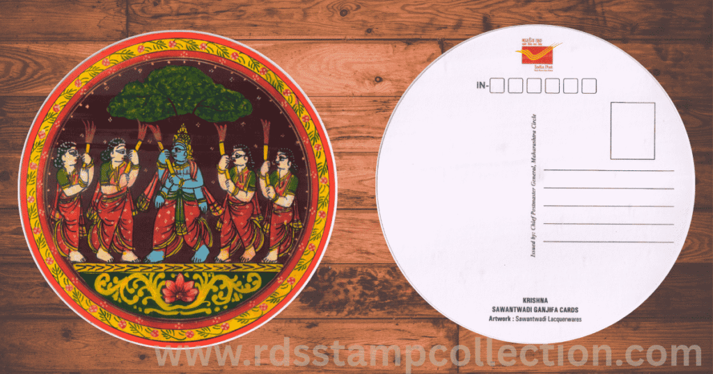 Krishna” Ganjifa Postcard — Lord Krishna lifting Govardhan Hill to protect the villagers of Gokul.