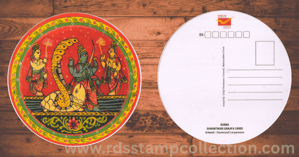 “Kurma” Ganjifa Postcard — Vishnu’s tortoise avatar supporting Mount Mandara during the cosmic churning.