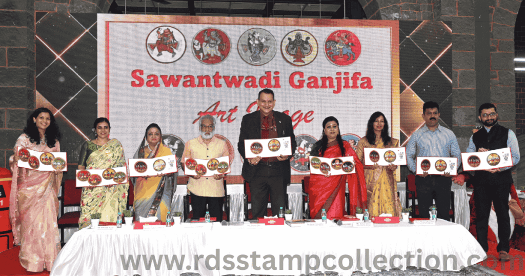 Dignitaries unveil the “Sawantwadi Ganjifa Postcards” at Mumbai GPO during Philately Day 2025 — celebrating India Post’s tribute to traditional Dashavatara art.