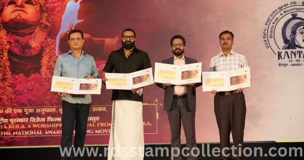 Special Cover release event of Kantara’s Bootha Kola theme, with Karnataka Postal Circle officials and Hombale Films representatives unveiling the philatelic issue.