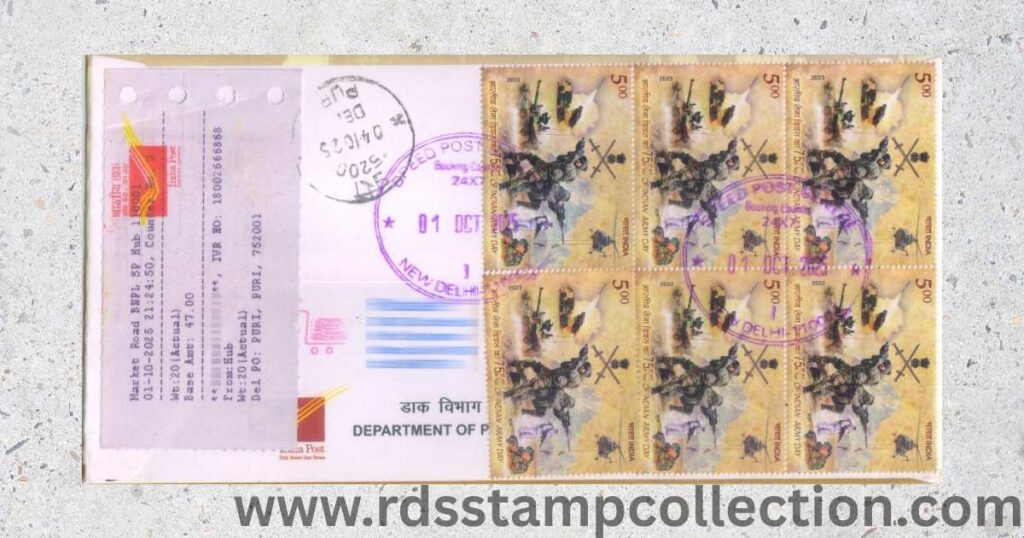 Reverse of the Military Nursing Service centenary FDC, showing Speed Post receipt, additional postage stamps, transit markings and clear delivery cancellation.