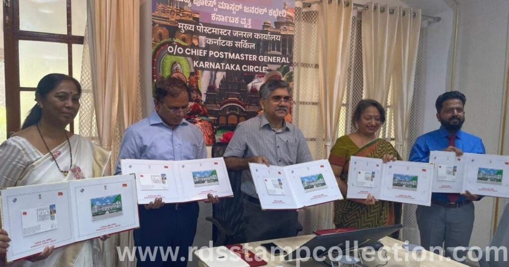 The official release of the 100th Permanent Pictorial Cancellation and micro-embroidered postcard at the CPMG Karnataka Office.