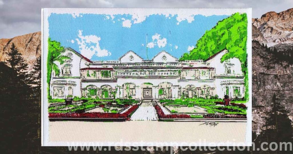 Front of the micro-embroidered postcard inspired by S. Sivabalan’s artwork, showcasing the Beaulieu heritage building.