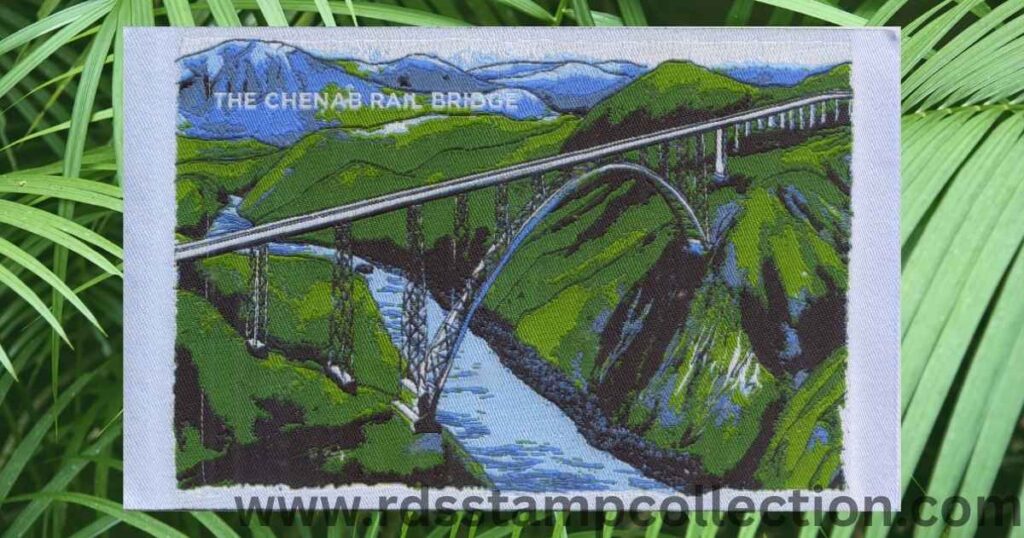 Micro-embroidery postcard featuring the Chenab Rail Bridge, the world’s highest railway arch bridge.