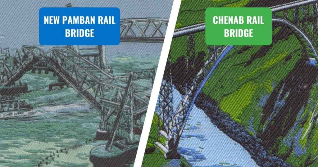 Feature image showcasing both micro-embroidery postcards of the Chenab and New Pamban Rail Bridges.