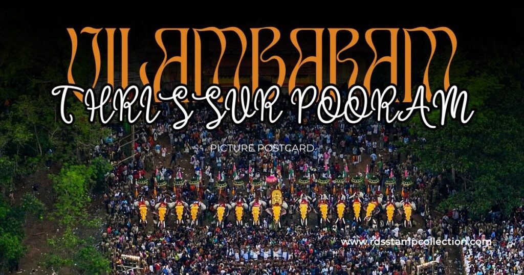 Blog thumbnail for the Thrissur Pooram Vilambaram picture postcard issued by Kerala Postal Circle during KERAPEX 2026, featuring the festival crowd, decorated elephants, and postcard theme.