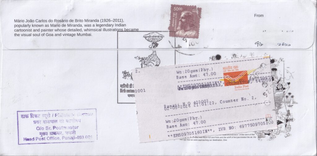 Back side of the Mario de Miranda birth centenary cover with short biography and postal dispatch details.