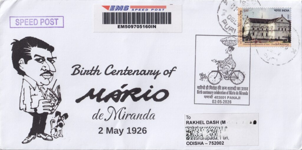Birth Centenary of Mario de Miranda - Used Speed Post cover with Panaji pictorial cancellation dated 02-05-2026.