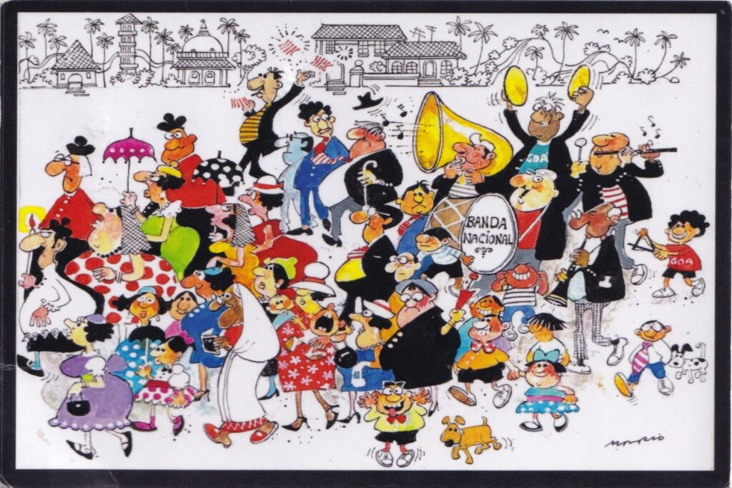 “The Brass Band - Banda Nacional” postcard by Mario de Miranda, capturing Goa’s lively music and street culture.