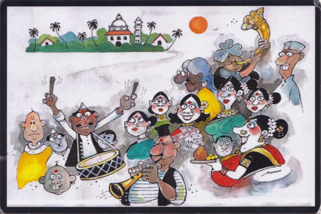 “The Hindu Wedding Celebration” postcard by Mario de Miranda, showing a festive Goan social scene.