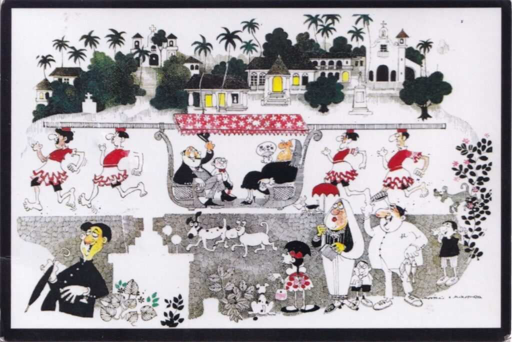 “The Goan Village” picture postcard by Mario de Miranda, showing Goa’s village life, church, palms, and local characters.