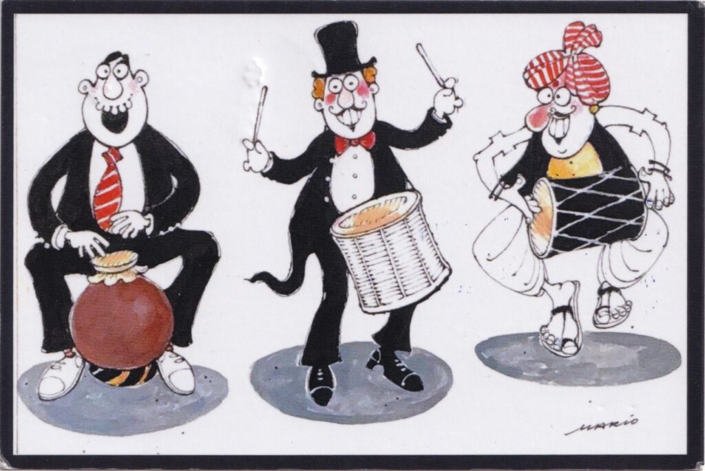 “The Village Musicians” postcard by Mario de Miranda, featuring performers and instruments in his signature style.