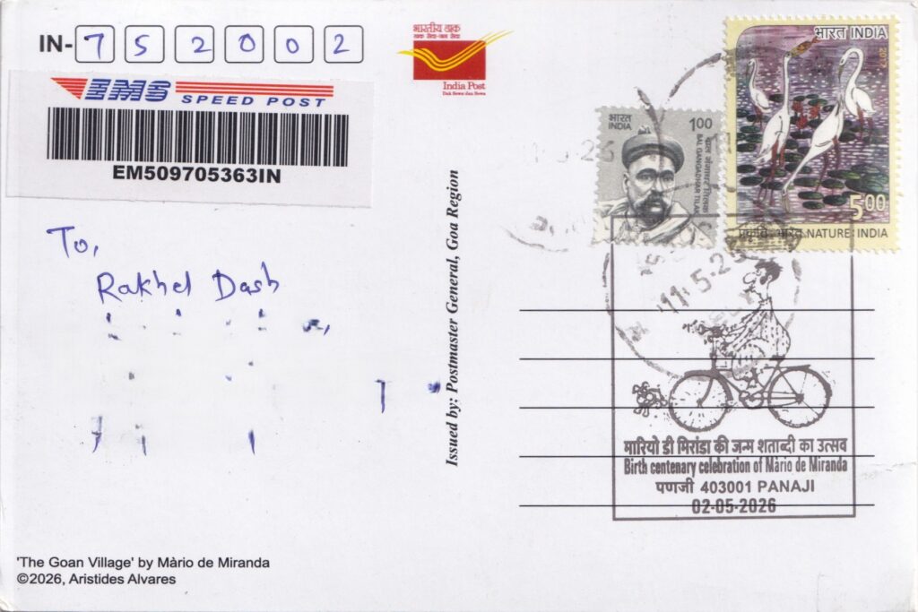 Reverse of “The Goan Village” postcard with Panaji 403001 cancellation dated 02-05-2026.
