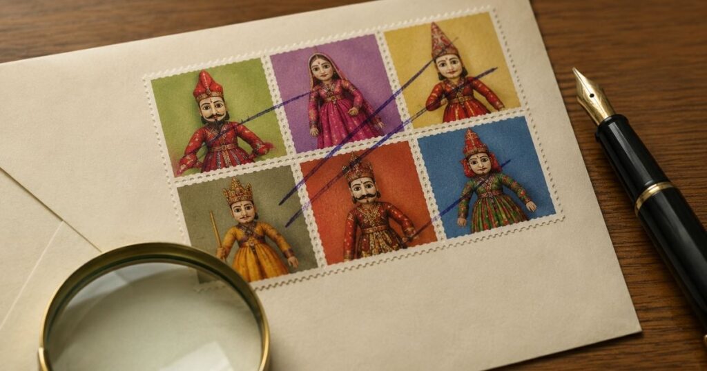 A visual representation of pen cancellation on colourful Puppets of India postage stamps, highlighting a common concern faced by philatelists while receiving stamped mail.