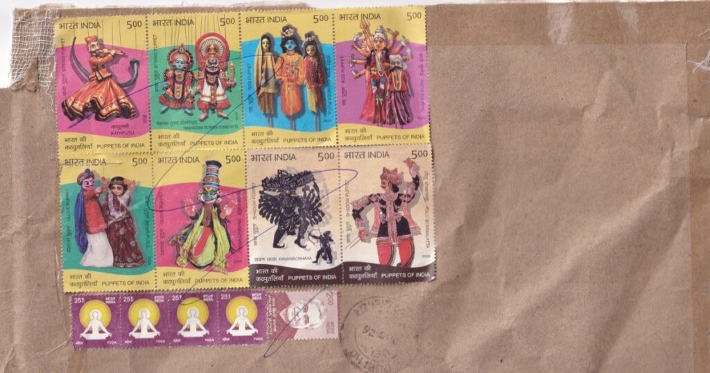 Original mail received with the complete Puppets of India stamp set cancelled by pen, showing how improper cancellation can affect the visual and philatelic value of a cover.