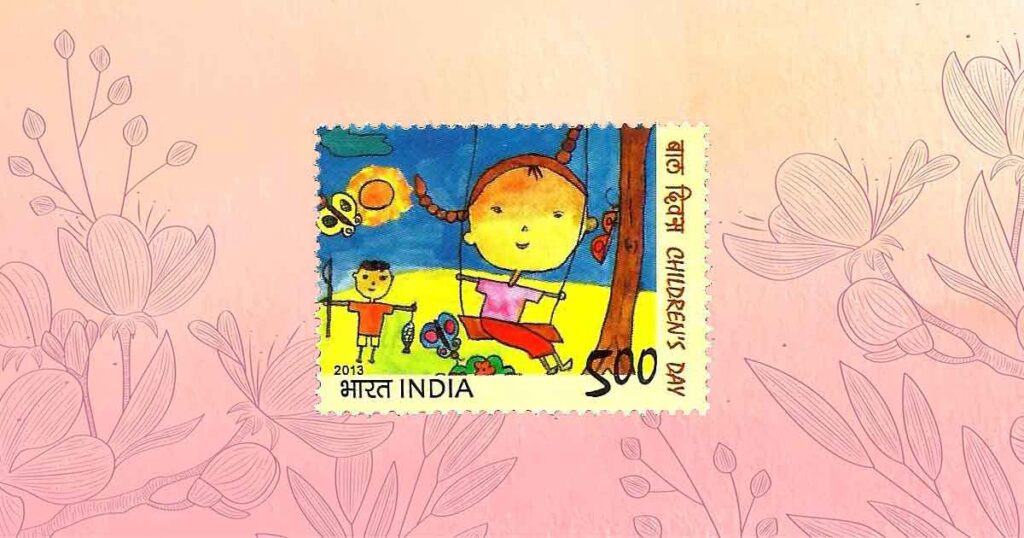 Children’s Day postage stamp, India, 2013 — the swing motif recalls Raja doli, one of the most familiar visual symbols of Raja Parba.