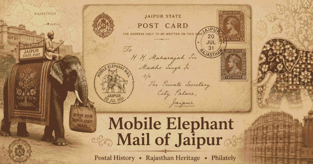 Mobile Elephant Mail of Jaipur represented through a vintage postal-history composition featuring Jaipur State stamps, elephant cancellation, and Rajasthan heritage elements.