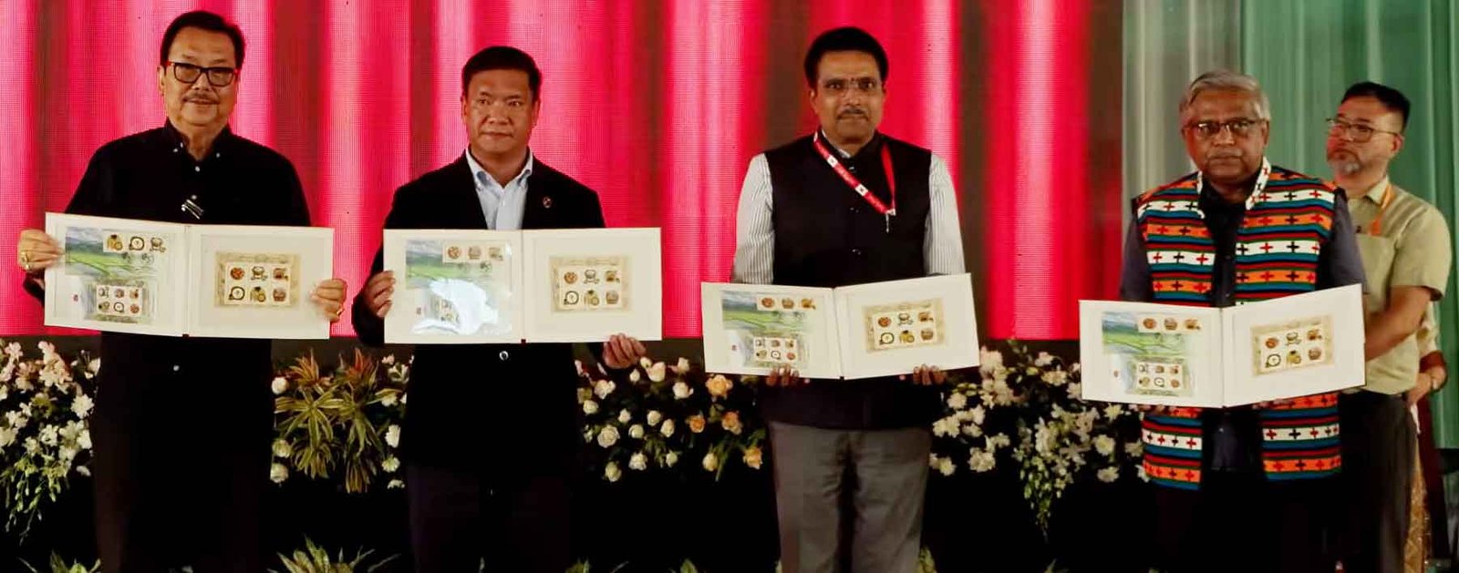 Release of the Arunachal Pradesh Commemorative Postage Stamp Series 2026 at Niti Vihar, with Chief Minister Pema Khandu, Deputy Chief Minister Chowna Mein and senior officials unveiling the new philatelic issues.