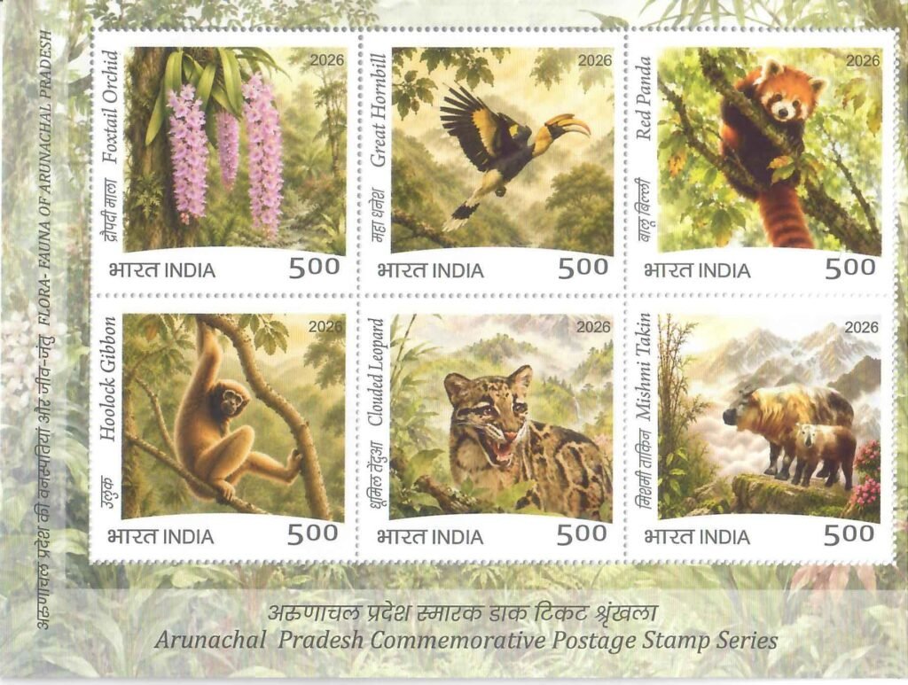The Flora–Fauna of Arunachal Pradesh souvenir sheet featuring Foxtail Orchid, Great Hornbill, Red Panda, Hoolock Gibbon, Clouded Leopard and Mishmi Takin.