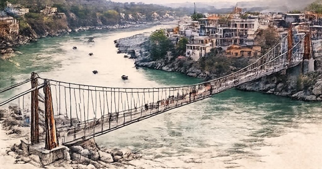 Laxman Jhula, the historic suspension bridge across the Ganga at Rishikesh, Uttarakhand.